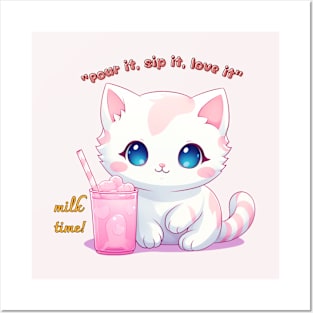 Aesthetic Kawaii Cat with milk Posters and Art